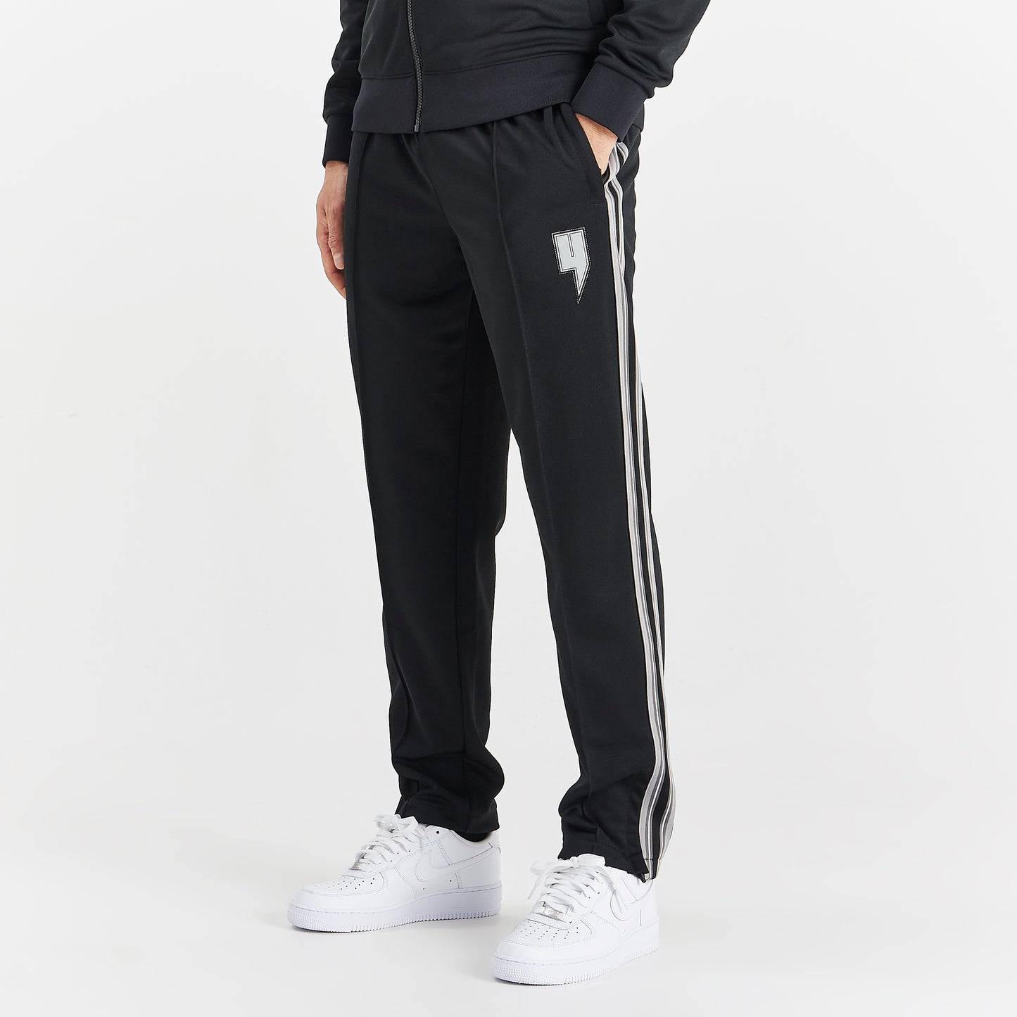 BLACK TRACK BOTTOMS GREY SIDE STRIPE