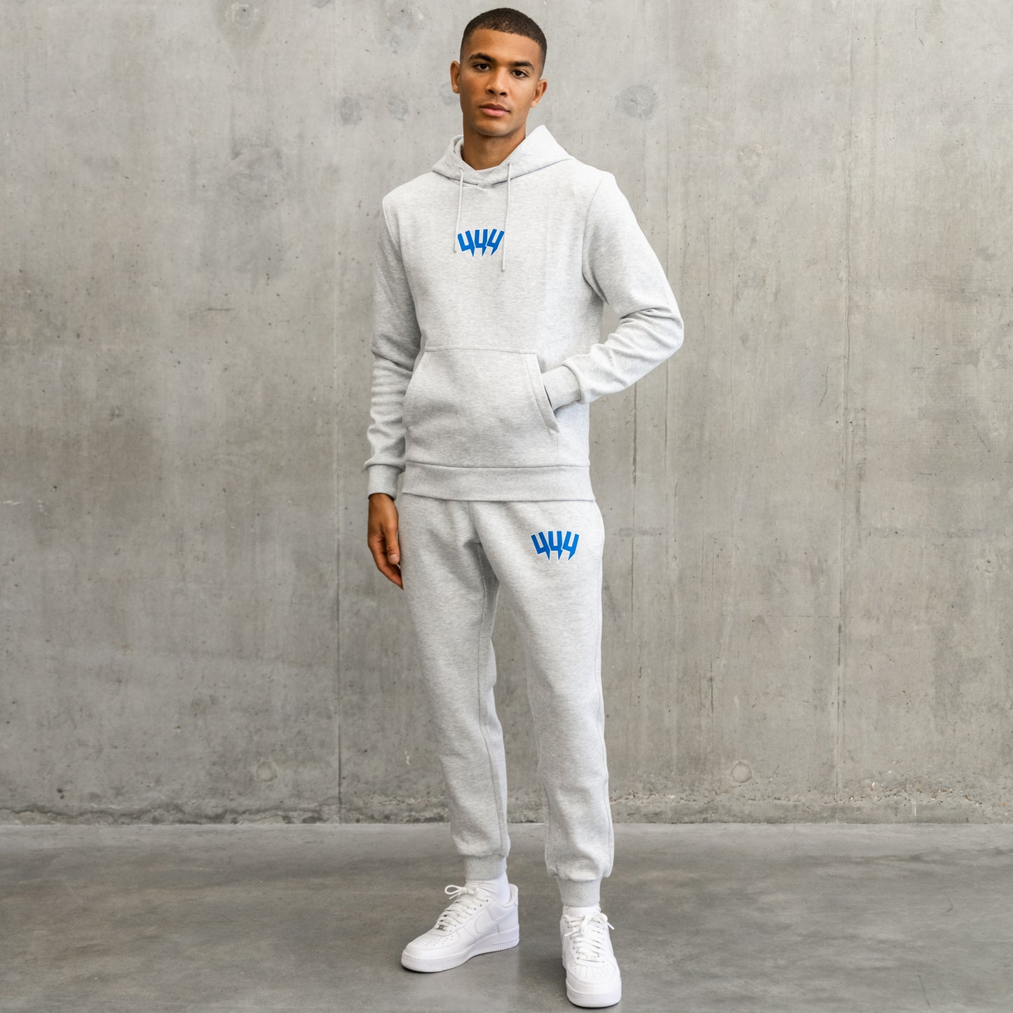 GREY MARL HOODY YYY BLUE WHITE OUTLINE