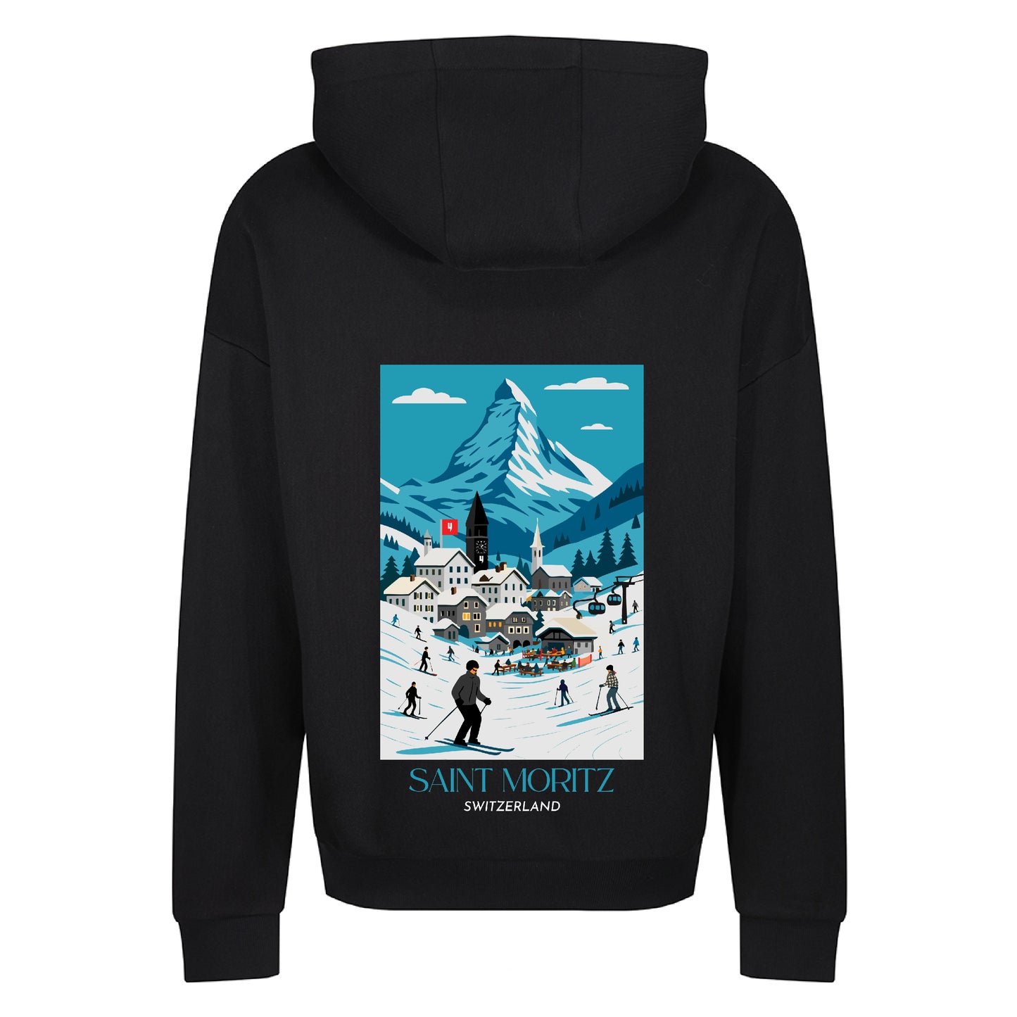 BLACK RELAXED FIT HOODY ST MORITZ LOGO