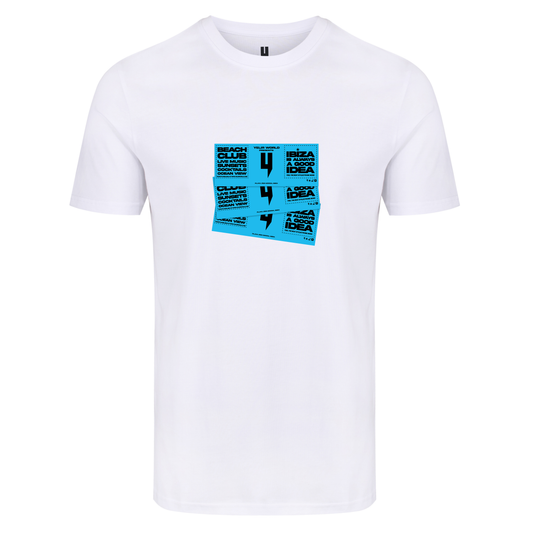 WHITE TEE BLUE IBIZA TICKET LOGO