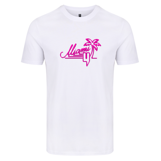WHITE TEE NEON PINK MIAMI LOGO