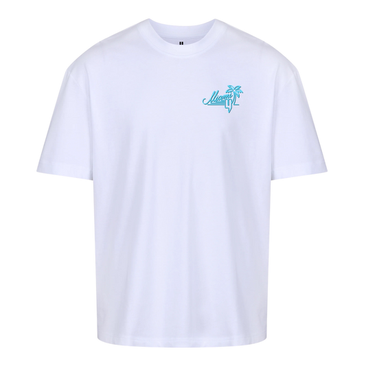 WHITE RELAXED FIT TEE NEON BLUE MIAMI LOGO