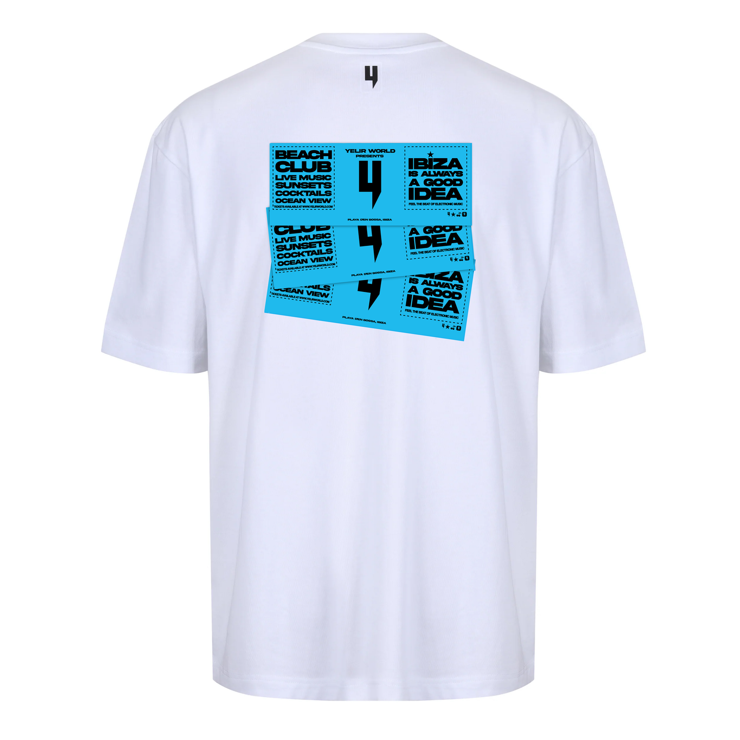 WHITE RELAXED FIT TEE BLUE IBIZA TICKET LOGO