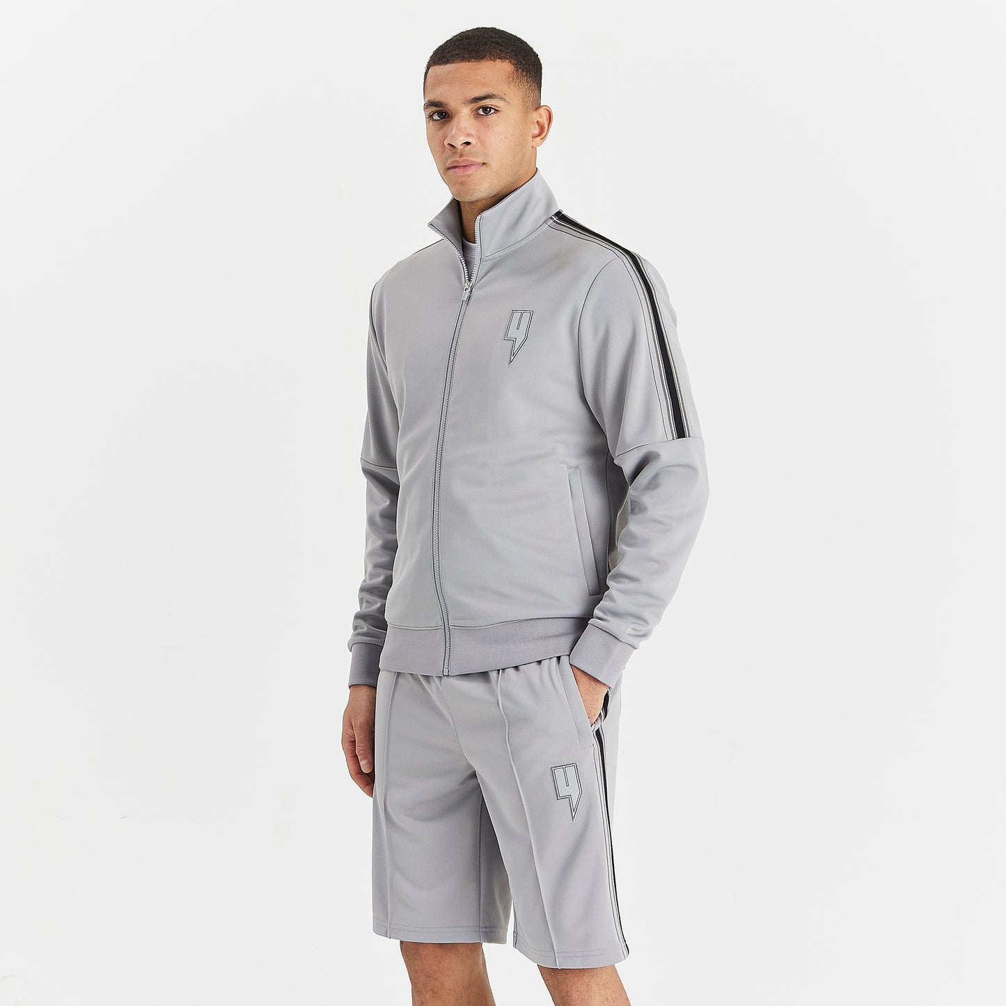 GREY TRACK SHORTS BLACK SIDE STRIPE